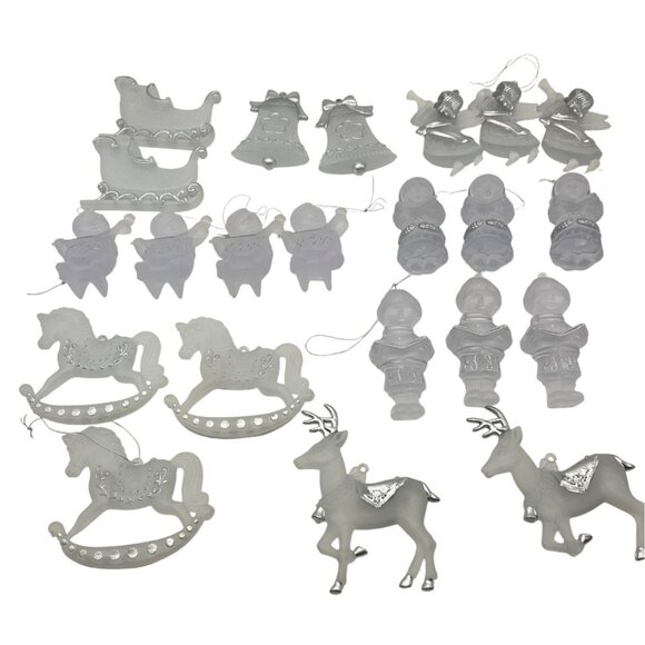 Set Of 18 Frosted Christmas Ornaments: Rocking Horses Sleighs Angels & More - Picture 1 of 6